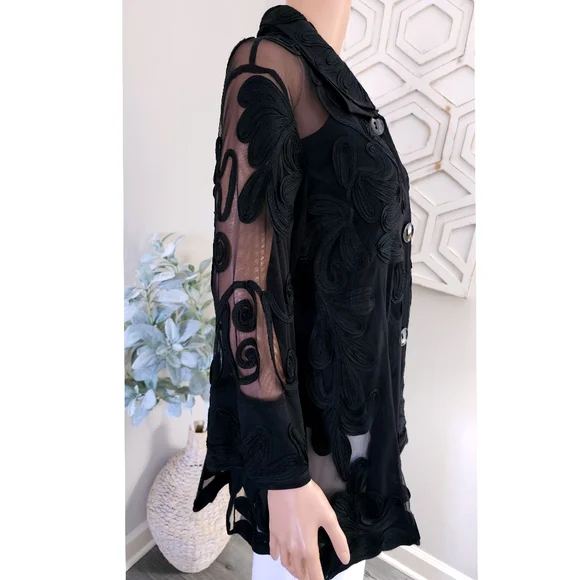 DAMEE INC Black Mesh Embroidered Floral on Mesh Jacket Cardigan Jacket Large - Picture 3 of 9